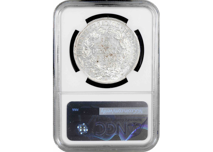 France 5 francs 1849 BB, NGC MS62, "Second Republic (1848 - 1851)" silver coin