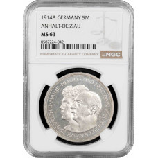 Anhalt-Dessau 5 mark 1914 A, NGC MS63, "Frederick II and Marie von Baden"