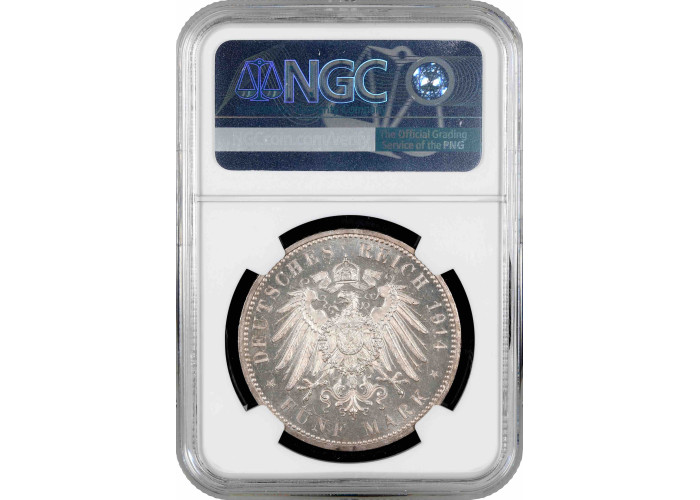 Ангальт-Дессау 5 марок 1914 г. A, NGC MS63, "25 лет свадьбе Фридриха II и Марии Баденской"