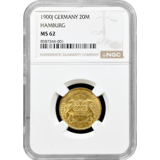 Hamburg 20 Mark 1900 J, NGC MS62, "Frei Stadt (1871 - 1918)" Goldmünze