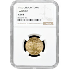 Hamburg 20 Mark 1913 J, NGC MS64, "Frei Stadt (1871 - 1918)" Goldmünze