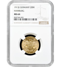 Hamburg 20 mark 1913 J, NGC MS64, "Free City (1871 - 1918)" gold coin