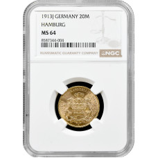 Hamburg 20 Mark 1913 J, NGC MS64, "Frei Stadt (1871 - 1918)" Goldmünze