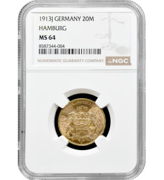 Hamburg 20 mark 1913 J, NGC MS64, "Free City (1871 - 1918)" gold coin