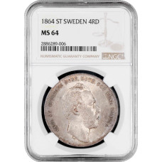 Швеция 4 риксдалер риксмюнт 1864 г. ST, NGC MS64, "Король Карл XV (1859 - 1872)"