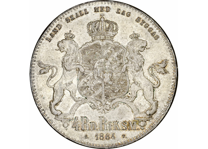 Швеция 4 риксдалер риксмюнт 1864 г. ST, NGC MS64, "Король Карл XV (1859 - 1872)"
