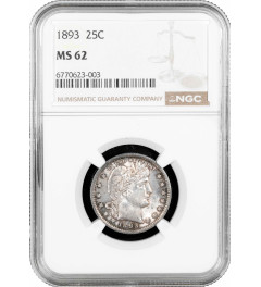 USA quarter dollar (25 cents) 1893, NGC MS62, "Barber Quarter" silver coin