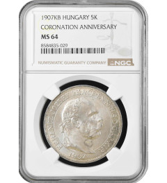 Hungary 5 korona 1907, NGC MS64, "40th Anniv. - Coronation of Franz Joseph I"