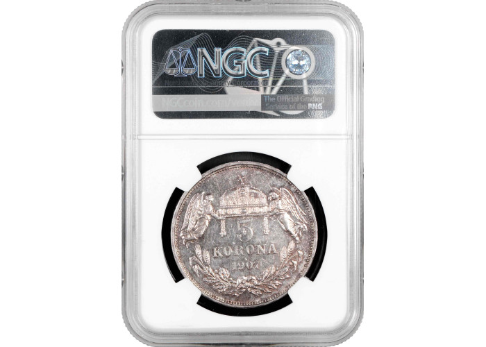 Hungary 5 korona 1907 KB, NGC MS62, "Emperor Franz Joseph I (1867 - 1916)"