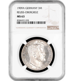 Reuss-Greiz 3 mark 1909 A, NGC MS63, "Prince Henry XXIV (1902 - 1918)" 
