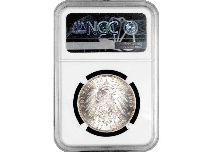 Reuss-Greiz 3 mark 1909 A, NGC MS63, "Prince Henry XXIV (1902 - 1918)" 