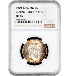 Saxony 2 mark 1902 E, NGC MS66, "Death of Albert of Saxony" silver coin