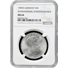 Шварцбург-Зондерсгаузен 3 марки 1909 г. A, NGC MS64, "Смерть Карла Гюнтера"