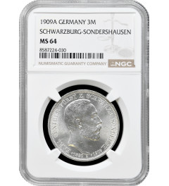 Schwarzburg-Sondershausen 3 mark 1909 A, NGC MS64, "Death of Charles Gonthier"