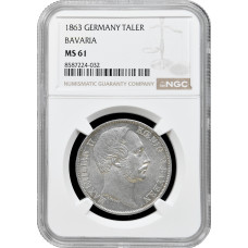 Бавария 1 союзный талер 1863 г., NGC MS61, "Король Людвиг II (1864 - 1886)"