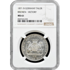 Бремен 1 талер 1871 г B, NGC MS61, "Победа над Францией"