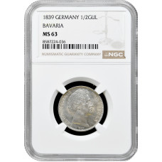 Бавария 1/2 гульдена 1839 г., NGC MS63, "Король Людвиг I (1825 - 1848)" Top Pop 1/0