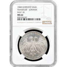 Frankfurt 2 gulden 1848, NGC MS62, "Archduke Johann of Austria Elected as Vicar"