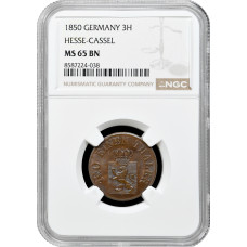 Гессен-Кассель 3 геллера 1850 г., NGC MS65 BN, "Фридрих Вильгельм I (1847 - 1866)" Top Pop 1/0