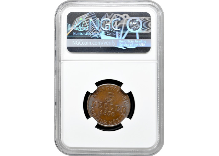 Hesse-Cassel 3 hellers 1850, NGC MS65 BN, "Frederick William (1847-1866)"Top 1/0