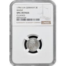 Майнц 3 крейцера 1796 г. S IA, NGC UNC Det., "Принц-архиепископ Фредерик Чарльз Джозеф (1774 - 1802)"