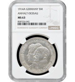 Anhalt-Dessau 5 mark 1914 A, NGC MS63, "Frederick II and Marie von Baden"