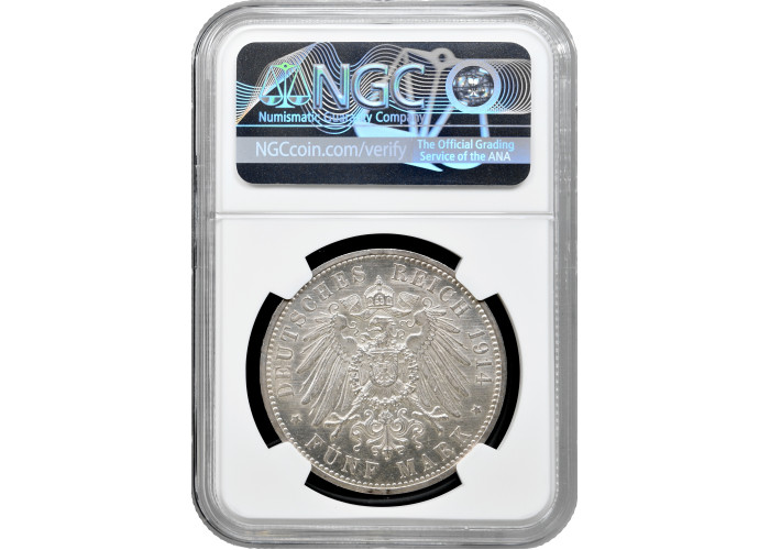 Anhalt-Dessau 5 mark 1914 A, NGC MS63, "Frederick II and Marie von Baden"