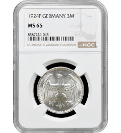 Germany 3 mark 1924 F, NGC MS65, "Weimar Republic (Mark) (1919 - 1925)"