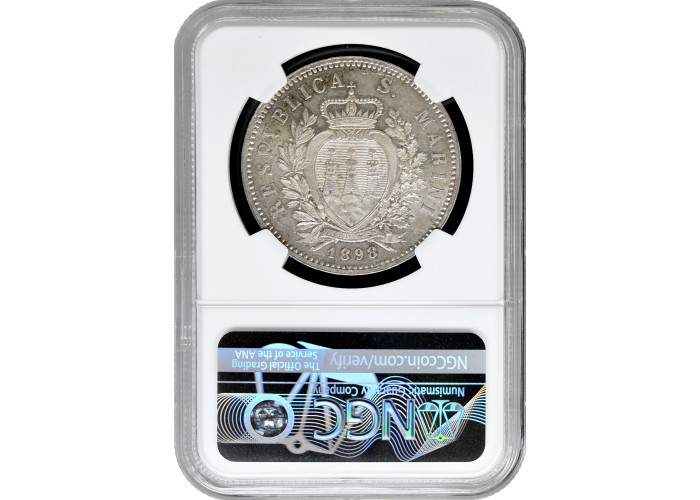 San Marino 5 lire 1898 R, NGC UNC Det., "Republic of San Marino (1864 - 1938)"