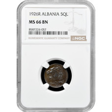 Albania 5 qindar leku 1926 R, NGC MS66 BN, "Kingdom of Albania (1925 - 1938)"