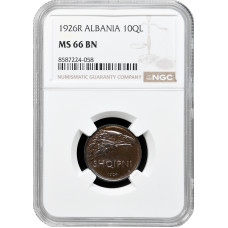 Albania 10 qindar leku 1926 R, NGC MS66 BN, "Kingdom of Albania (1925 - 1938)"