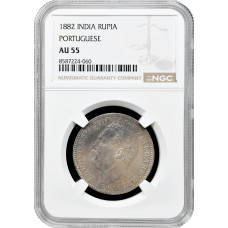 Индия - Португальская 1 рупия 1882 г., NGC AU55, "Король Луиш I (1861 - 1889)"