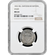 Швейцария 1 батцен 1832 г., NGC MS64, "Кантон Вауд (1804 - 1850)"