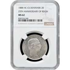 Дания 2 кроны 1888 г. HC CS, NGC MS62, "25 лет правления"