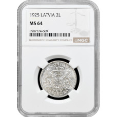 Latvia 2 lati 1925, NGC MS64, "First Republic (1922 - 1940)" silver coin