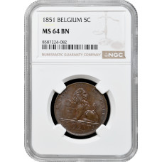 Бельгия 5 сантимов 1851 г., NGC MS64 BN, "Король Леопольд I (1832 - 1865)" Pop 8/1
