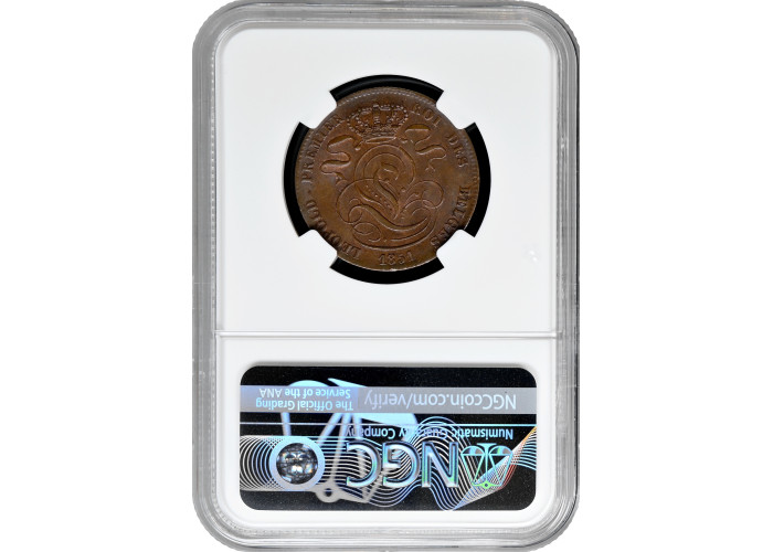 Бельгия 5 сантимов 1851 г., NGC MS64 BN, "Король Леопольд I (1832 - 1865)" Pop 8/1
