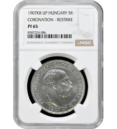 Hungary 5 korona 1907 KB U.P., NGC PF65 RESTRIKE, "Coronation of Franz Joseph I"