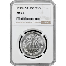 Mexico 1 peso 1933 Mo, NGC MS65, "United Mexican States (1905 - 1969)" silver