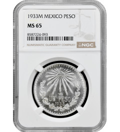 Mexico 1 peso 1933 Mo, NGC MS65, "United Mexican States (1905 - 1969)" silver