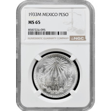 Mexico 1 peso 1933 Mo, NGC MS65, "United Mexican States (1905 - 1969)" silver
