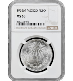 Mexico 1 peso 1933 Mo, NGC MS65, "United Mexican States (1905 - 1969)" silver