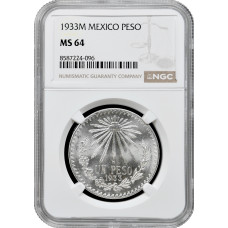 Mexico 1 peso 1933 Mo, NGC MS64, "United Mexican States (1905 - 1969)" silver