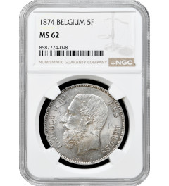 Belgium 5 francs 1874, NGC MS62, "King Leopold II (1865 - 1909)" silver coin 