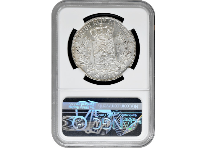 Belgium 5 francs 1874, NGC MS62, "King Leopold II (1865 - 1909)" silver coin 