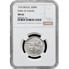 Brazil 2000 reis 1935, NGC MS66, "Duke of Caxias" silver coin