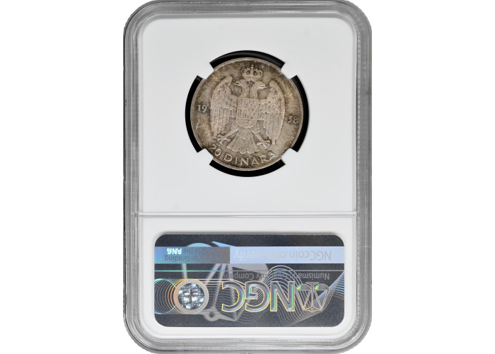 Yugoslavia 20 dinara 1938, NGC MS64, "King Peter II (1934 - 1945)" silver coin