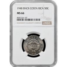Costa Rica 50 Centimos 1948, NGC MS66, "Republik Costa Rica (1896-1950)" Top Pop