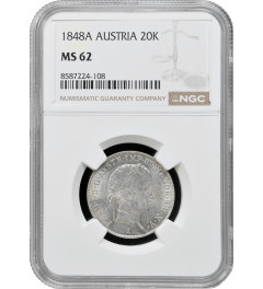 Austria 20 kreuzer 1848 A, NGC MS62, "Emperor Ferdinand I (1835 - 1848)"