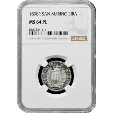 San Marino 1 lira 1898 R, NGC MS64 PL, "Republic (1864 - 1938)" Top Pop 1/0